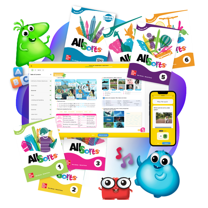 Collage of AllSorts characters, workbooks and laptop with AllSorts user interface. 